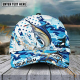 Maxcorners Marlin Fishing Blue White Seawwave American Flag Pattern Sport Pattern Personalized Name 3D Cap MT13