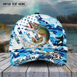 Maxcorners Pike Fishing Blue White Seawwave American Flag Pattern Sport Pattern Personalized Name 3D Cap MT173