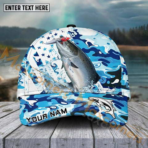 Maxcorners Salmon Fishing Blue White Seawwave American Flag Pattern Sport Pattern Personalized Name 3D Cap MT173