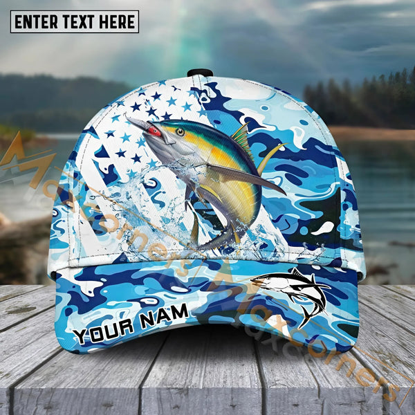 Maxcorners Tuna Fishing Blue White Seawwave American Flag Pattern Sport Pattern Personalized Name 3D Cap MT173