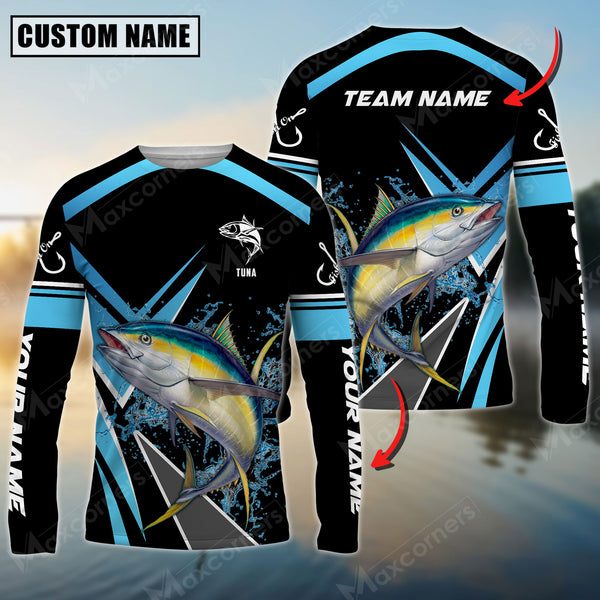 Maxcorner Tuna Fishing Sun Protection Jersey Blue Pattern Personalized Name And Team Name Long Sweat Shirt