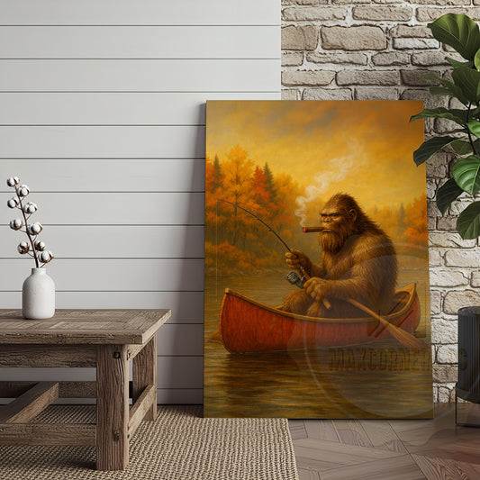 Maxcorners Bigfoot Fishing with Cigar Autumn Lake Rustic Cabin Art Wrapped Canvas
