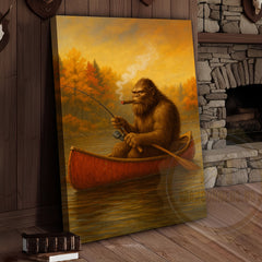 Maxcorners Bigfoot Fishing with Cigar Autumn Lake Rustic Cabin Art Wrapped Canvas