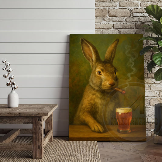 Maxcorners Rabbit Smoking Cigar with Beer Rustic Bar Art Wrapped Canvas