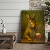 Maxcorners Rabbit Smoking Cigar with Beer Rustic Bar Art Wrapped Canvas