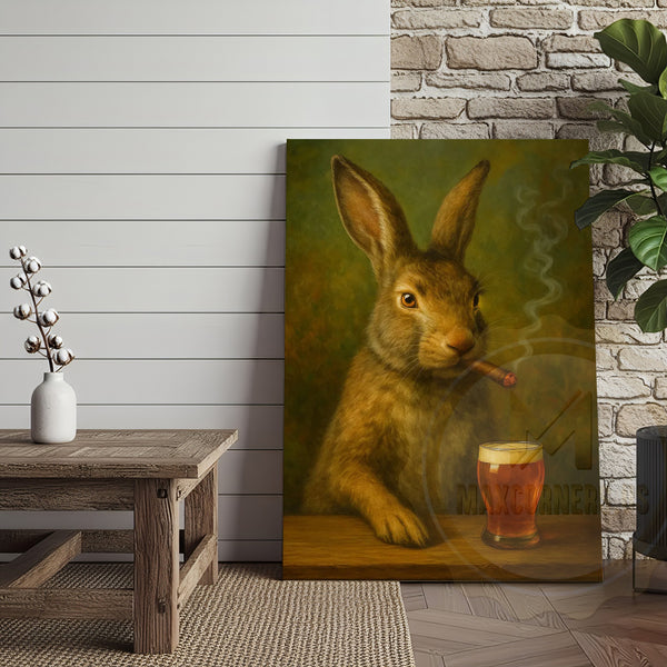 Maxcorners Rabbit Smoking Cigar with Beer Rustic Bar Art Wrapped Canvas