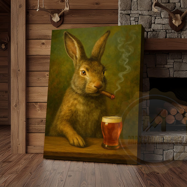 Maxcorners Rabbit Smoking Cigar with Beer Rustic Bar Art Wrapped Canvas