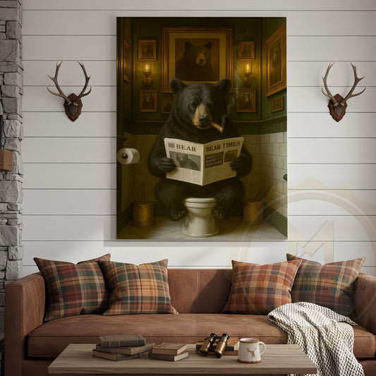 Maxcorners Black Bear Reading Newspaper Bathroom Humor Rustic Art Wrapped Canvas