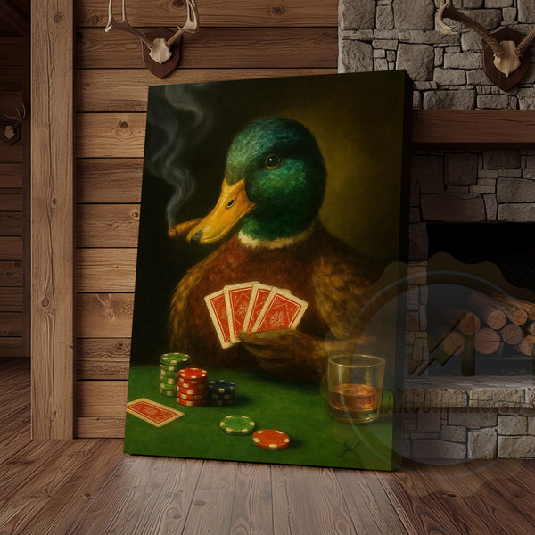 Maxcorners Duck Smoking Cigar Playing Poker Rustic Bar Art Wrapped Canvas