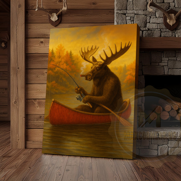 Maxcorners Moose Fishing with Cigar Autumn Lake Cabin Art Wrapped Canvas