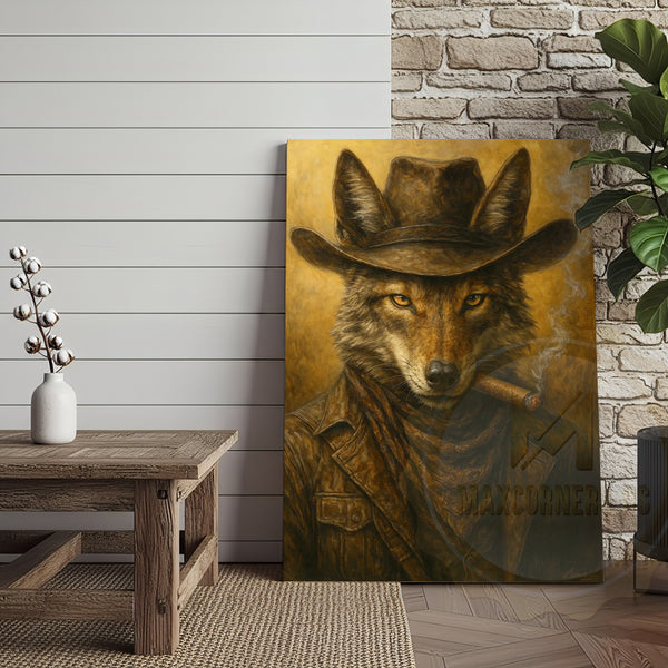 Maxcorners Wolf Cowboy Smoking Cigar Rustic Western Lodge Art Wrapped Canvas