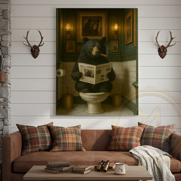 Maxcorners Funny Bear Reading Newspaper Rustic Bathroom Wall Art Wrapped Canvas