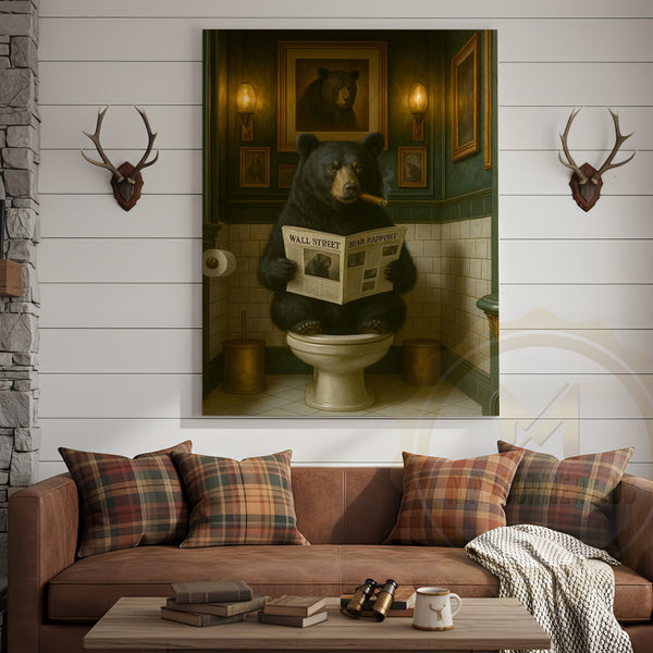 Maxcorners Funny Bear Reading Newspaper Rustic Bathroom Wall Art Wrapped Canvas