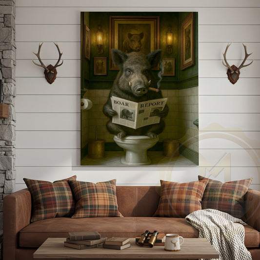 Maxcorners Funny Boar Reading Newspaper Rustic Bathroom Wall Art Wrapped Canvas