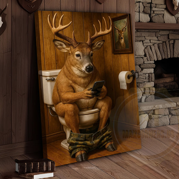 Maxcorners Funny Deer on Toilet Reading Phone Bathroom Humor Art Wrapped Canvas