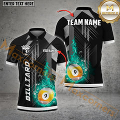 Maxcorners Billiard Grey Line Fire 9 Ball Pattern Personalized Name, Team Name 3D Polo Shirt (4 Colors)