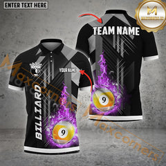 Maxcorners Billiard Grey Line Fire 9 Ball Pattern Personalized Name, Team Name 3D Polo Shirt (4 Colors)