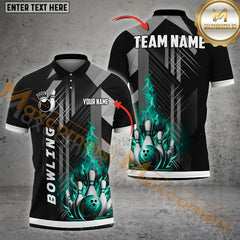 Maxcorners Grey Line Fire Bowling Ball & Pins  Personalized Name, Team Name 3D Polo Shirt (4 Colors)