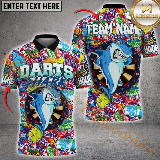 Maxcorners Darts Graffiti With Angry Shark Multicolor Options Personalized Name, Team Name 3D Polo Shirt (4 Colors)