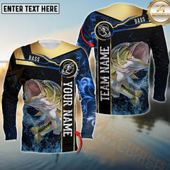 Maxcorners Bass Fishing Golden With Blue Flame Pattern Sport Jersey Personalized Name, Team Name Long Sleeve Shirt