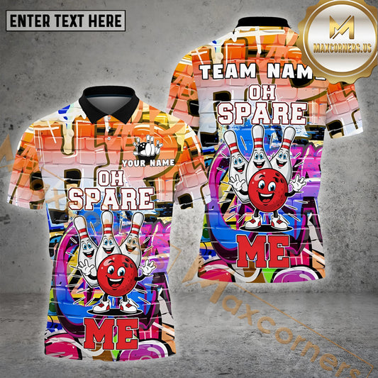 Maxcorners Bowling Funny Bowlinh Ball&Pins Oh Spare Graffiti Style Multicolor Options Personalized Name, Team Name 3D Shirt (4 Colors)