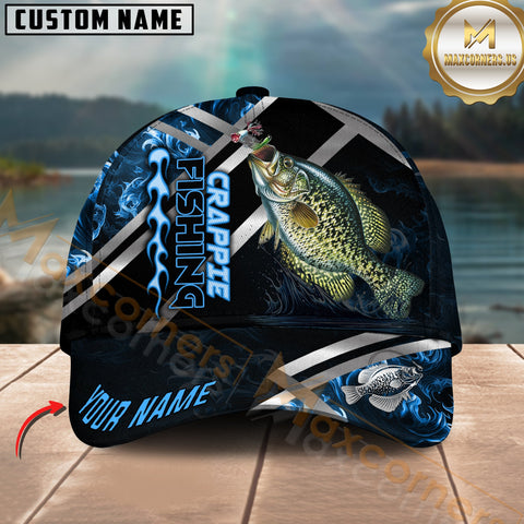 Maxcorners Crappie Fishing Blue Flame Silver Line Pattern Multicolor Personalized Name 3D Cap