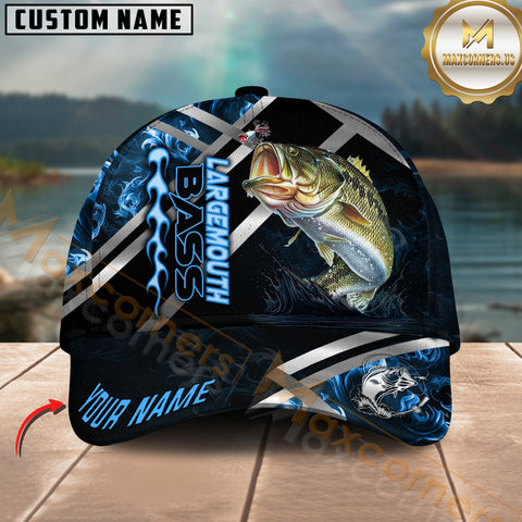 Maxcorners Largemouth Bass Fishing Blue Flame Silver Line Pattern Multicolor Personalized Name 3D Cap