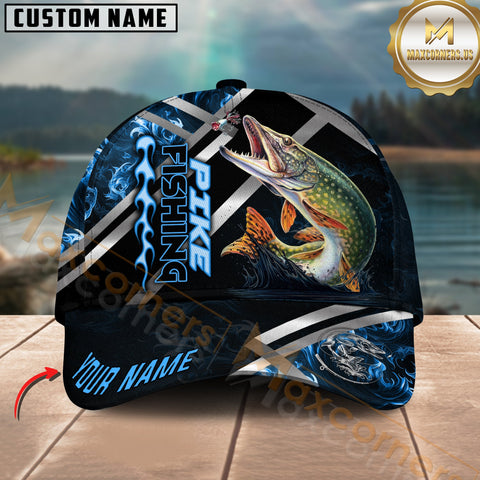 Maxcorners Pike Fishing Blue Flame Silver Line Pattern Multicolor Personalized Name 3D Cap