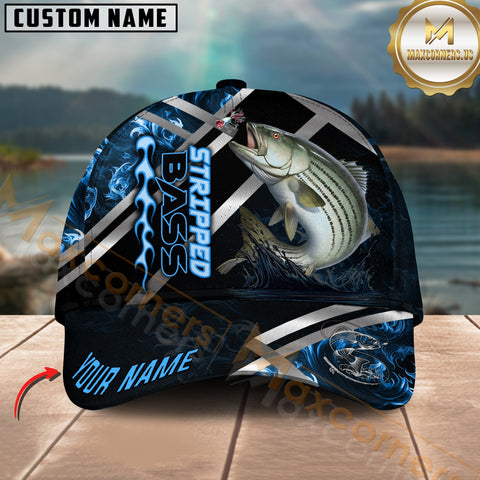 Maxcorners Stripped Bass Fishing Blue Flame Silver Line Pattern Multicolor Personalized Name 3D Cap