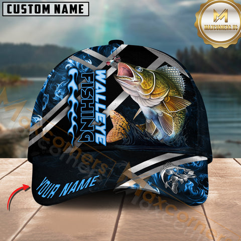 Maxcorners Walleye Fishing Blue Flame Silver Line Pattern Multicolor Personalized Name 3D Cap