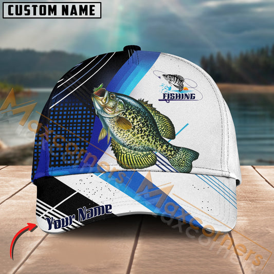 Maxcorners Crappie Fishing Blue Pattern White Line Pattern Multicolor Personalized Name 3D Cap