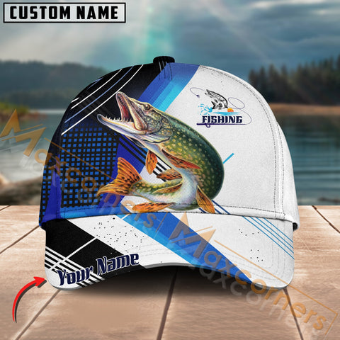 Maxcorners Pike Fishing Blue Pattern White Line Pattern Multicolor Personalized Name 3D Cap