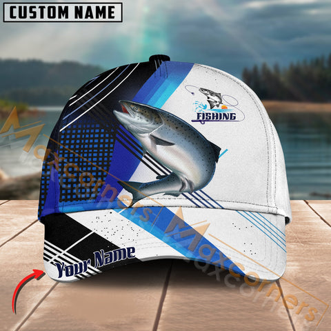 Maxcorners Salmon Fishing Blue Pattern White Line Pattern Multicolor Personalized Name 3D Cap