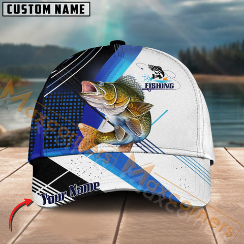 Maxcorners Walleye Fishing Blue Pattern White Line Pattern Multicolor Personalized Name 3D Cap