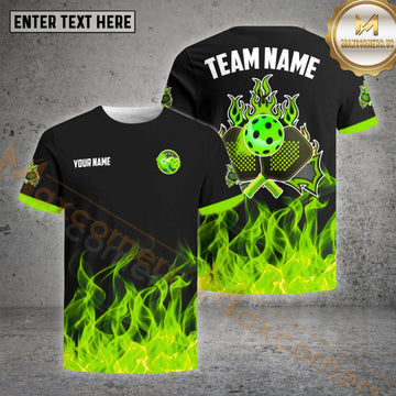 Maxcorners Pickleball Ball Fire Pattern Customized Name, Team Name 3D Shirt (4 colors)