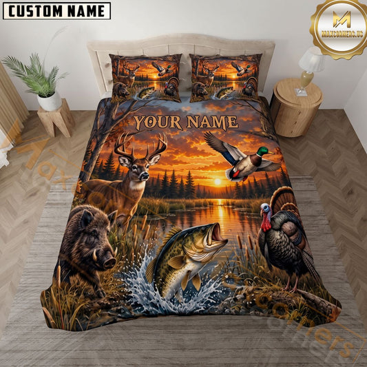 Maxcorners Hunting And Fishing Wildlife Sunset Deer Bass Duck Turkey Personalized Name 3D Bedding Set