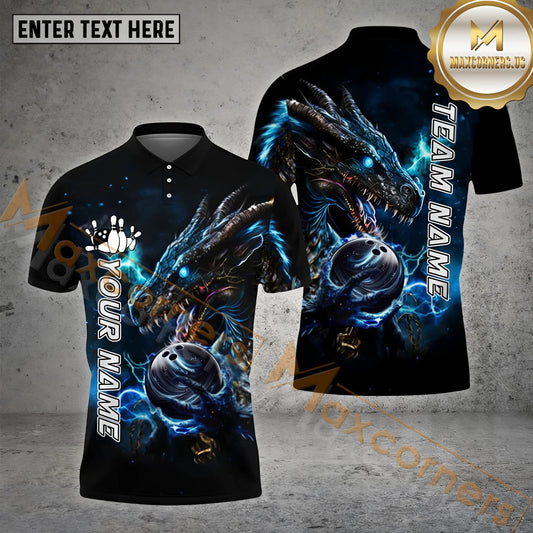 Maxcorners Bowling Ball & Pins  Dragon Lightning Thunder Pattern Personalized Name, Team Name 3D Polo Shirt (4 Colors)