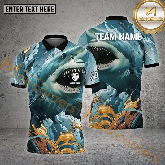Maxcornera Golf Customized Name Golf Player Shark Sea Wave Pattern Multicolor Sport Jersey Pattern Custom 3D Polo Shirt (4 Colors)