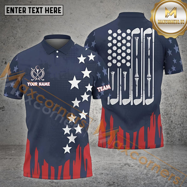 Maxcorners Golf USA Flag Pattern Customized Name, Team Name 3D Polo Shirt