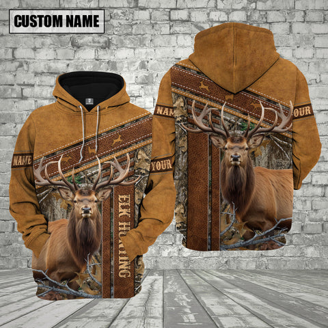 Maxcorners Elk Hunting Leather Pattern Custom Name Shirt 3D All Over Printed Clothes