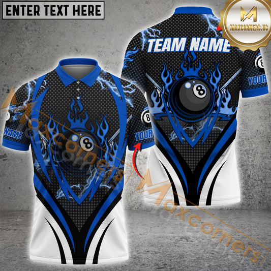 Maxcorners Billiard 8 Ball Fire Thunder Pattern Multicolor Options Personalized Name, Team Name 3D Polo Shirt (4 Colors)