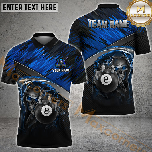 Maxcorners Billiard 8 Ball Skull Reaper Multicolor Options Personalized Name, Team Name 3D Polo Shirt (4 Colors)