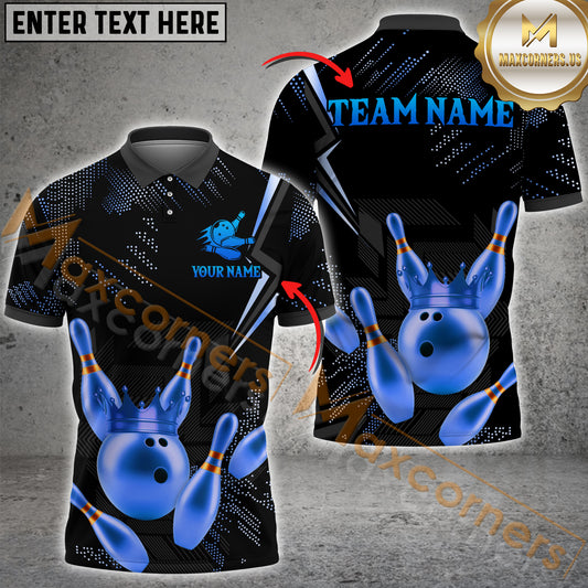 Maxcorners Bowling Ball & Pins Dotted Golden Crown King Bowling Multicolor Options Personalized Name, Team Name 3D Shirt (4 Colors)