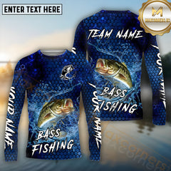 Maxcorners Bass Fishing Blue Strike Honeycomb Pattern Pattern Sport Jersey Personalized Name, Team Name Long Sleeve Shirt