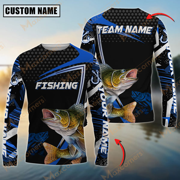 Maxcorner Walleye Fishing Blue Jersey Sport Sun Protection Personalized Name And Team Name Long Sweat Shirt