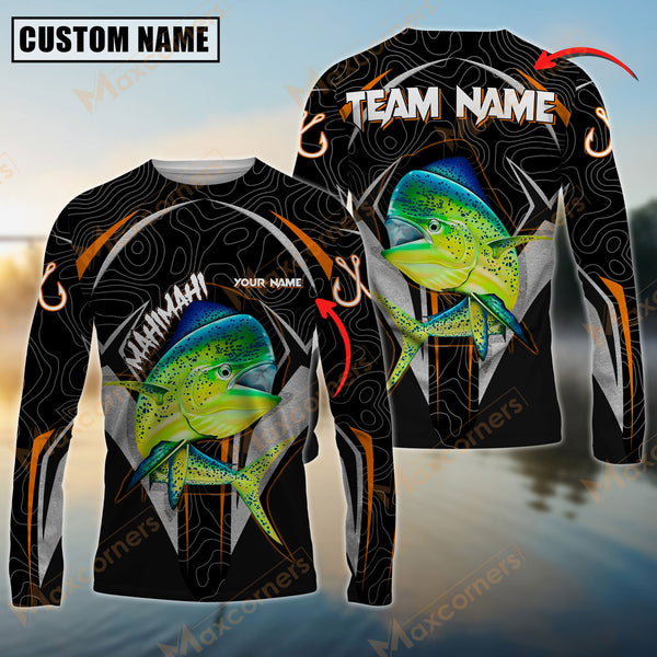 Maxcorner Mahi-Mahi Fishing Silver Line Orange Jersey Sun Protection Personalized Name And Team Name Long Sweat Shirt