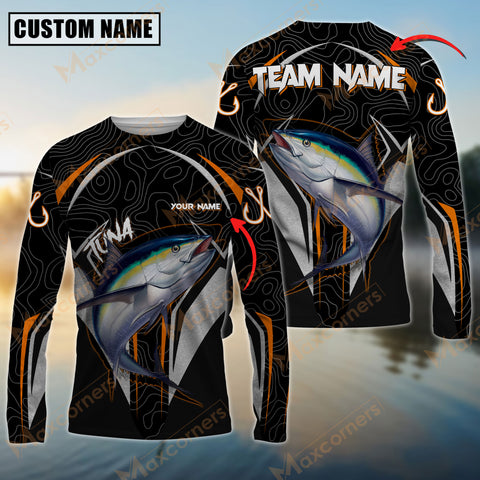 Maxcorner Tuna Fishing Silver Line Orange Jersey Sun Protection Personalized Name And Team Name Long Sweat Shirt