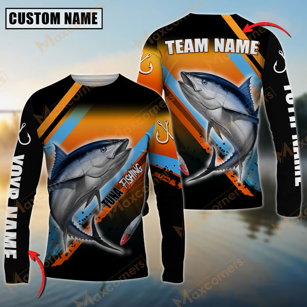 Maxcorner Tuna Fishing Blue Orange Line Jersey Sport Sun Protection Personalized Name And Team Name Long Sweat Shirt