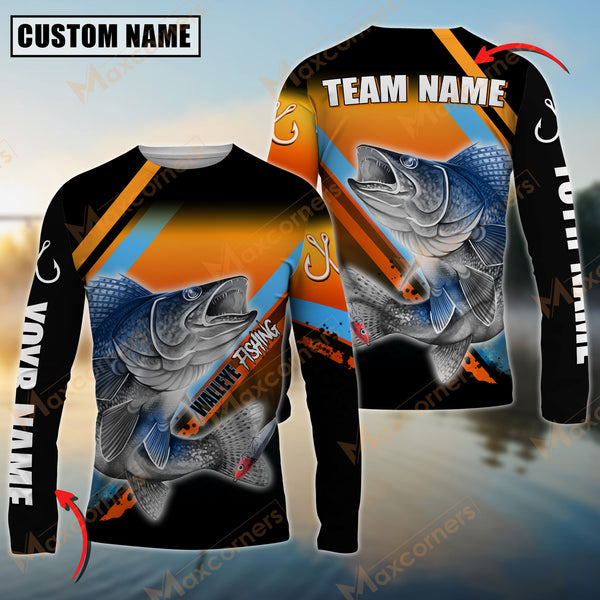 Maxcorner Walleye Fishing Blue Orange Line Jersey Sport Sun Protection Personalized Name And Team Name Long Sweat Shirt