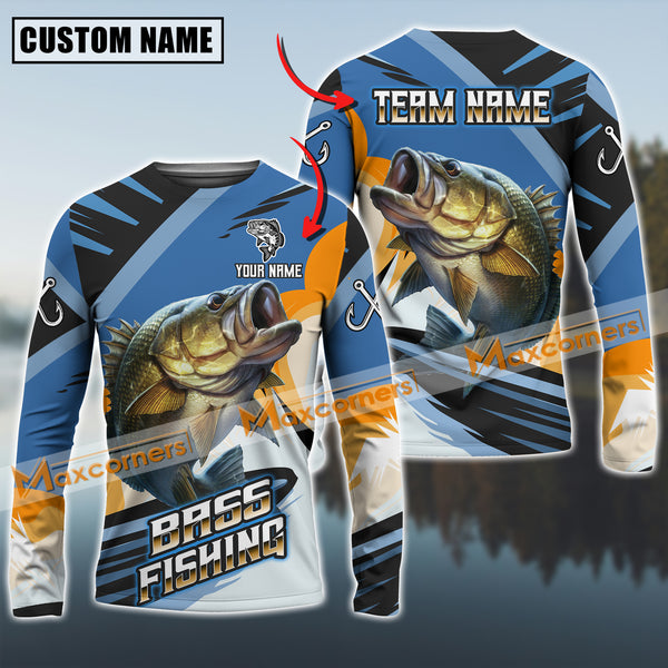 Maxcorners Bass Fishing Blue Orange Jersey Sport Pattern Sun Protection Personalized Name Team Name 3D Shirts